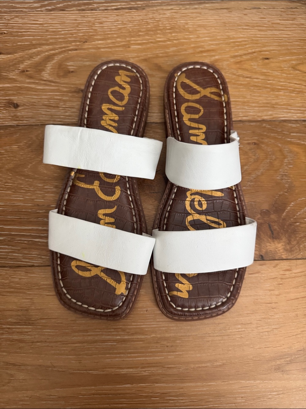 Sam Edelman White Double-Band Slide Sandals with Brown Footbed